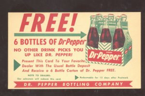 FREE SIX PACK BOTTLES OF DR. PEPPER SODA POP VINTAGE ADVERTISING POSTCARD