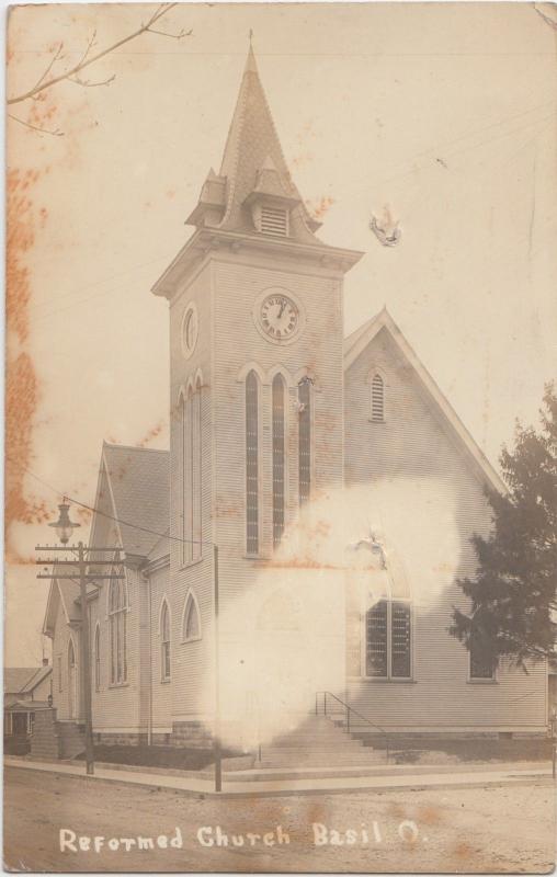 Ohio Real Photo RPPC Postcard 1914 BASIL Reformed Church Building