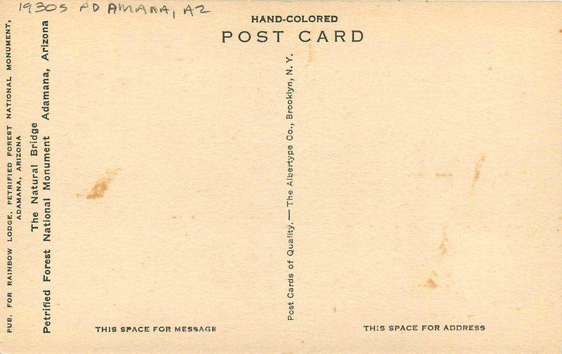 Adamana Arizona 1930s Postcard National Bridge Petrified hand colored 12268