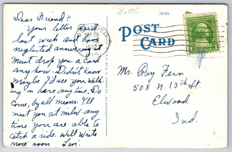 Native Americana~Greetings From Wisconsin~Reginald Oshkosh~PM 1932~Vtg Postcard