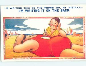 Bamforth comic signed WOMAN WRITING LETTER ON HER HUSBAND'S BACK AT BEACH HL3104