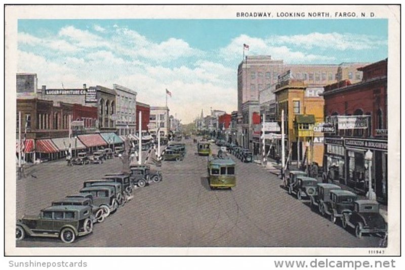 Street Scene Trolley On Broadway Looking North Fargo North Dakota 1931 Curteich