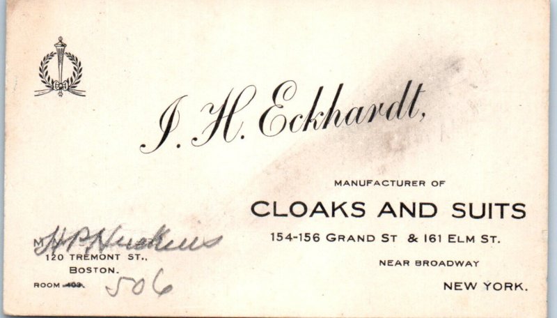 1800s J. H. Eckhardt Cloaks & Suits Boston MA New York NY Business Card Ad