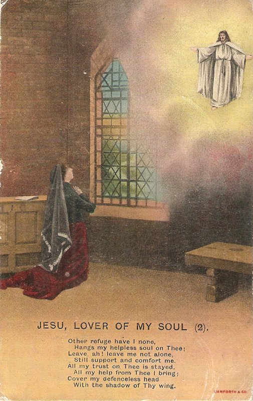 Lady praying. Jesu, lover of my soul (2) Vintage Bamforth Religious postcard