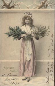 Christmas - Beautiful Woman w/ Holly - WICHERA c1910 Postcard