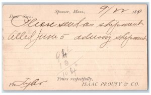1890 Isaac Prouty & Co. Spencer Massachusetts MA Boston MA Postal Card 