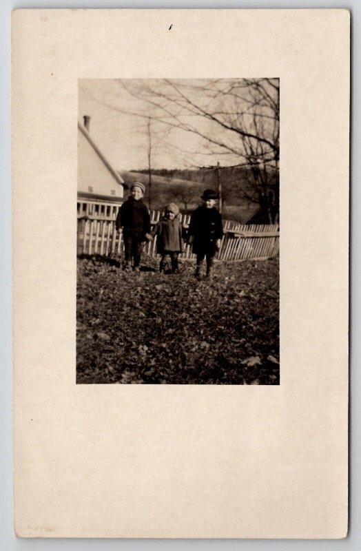 RPPC Adorable Johnson Children in Yard Winter Photo Christmas Postcard H30