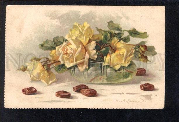 032869 Yellow ROSES in vase. By C. KLEIN vintage TSN PC