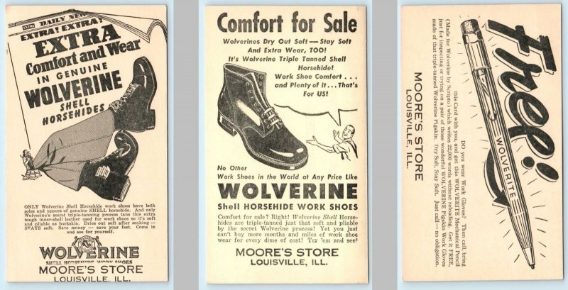 3 Postcards LOUISVILLE, IL ~ WOLVERINE SHOES Advertising Moore's Store c1910s