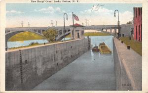 Fulton New York~New Barge Canal Locks~Barge & Tug Boat~1920s Postcard