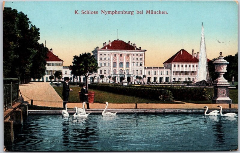 K. Schoss Nymphenburg Bei Munchen Germany White Ducks In River Postcard