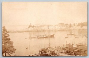 RPPC   Fishing Dock  Sailboats in Cove  Real Photo Postcard