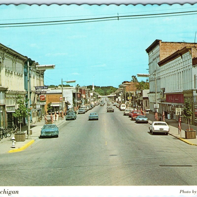 c1980s Lowell, Mich. Downtown Main St Cars 7up Sign Postcard Penrod Photo MI A79