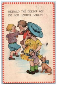 1914 Childrens Fighting For Ladies Fair Doll And Dog Bloomington IN Postcard