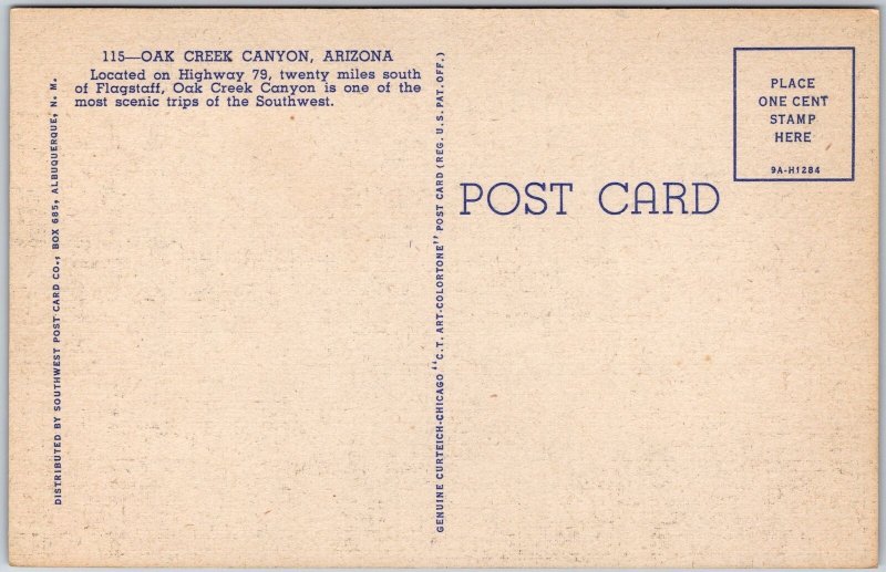 Flagstaff Arizona, Oak Creek Canyon, Scenic Trips of Southwest, Vintage Postcard
