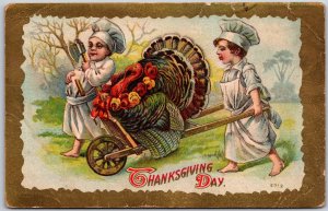 Thanksgiving Day, 1911 Young Chefs Pushing Large Turkey In Wheelbarrow, Postcard