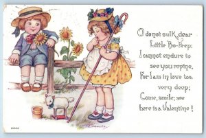 Signed Artist Postcard Valentine Children Little Bo Peep Boy Sunflowers 1915