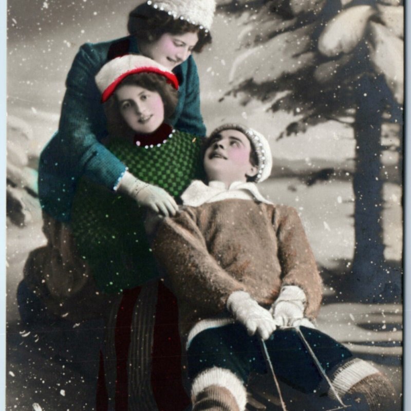 c1910s Women Man Toboggan Snow Sled RPPC German Hand Colored Real Photo PFB A136