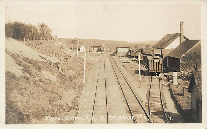 Belgrade ME Maine Central Railroad Buildings Box Cars Real Photo Postcard