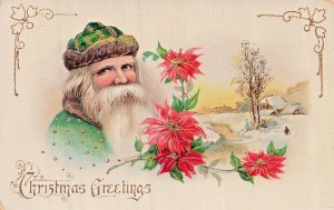 Green Hat & Suit Santa Claus-Christmas Greetings-Gilt Highlights Postcard
