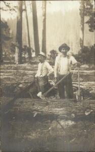 Logging Lumberjacks Loggers Axes & Saw CRISP Real Photo Postcard c1910