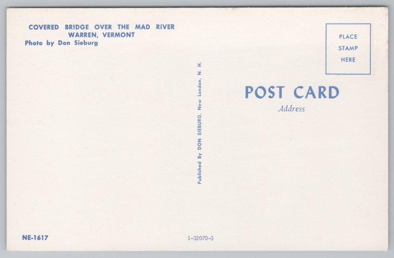 Warren Vermont~Covered Bridge over Mad River~Vintage Postcard