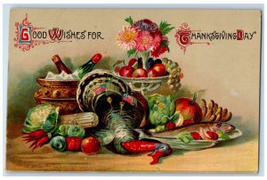 1909 Thanksgiving Day Turkey Fish Veggies Embossed Bloomington IL Postcard 