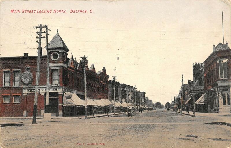 Delphos Ohio~Main Street~Dry Goods Clothing~Huge Pocket Watch Clock~1908 PC 