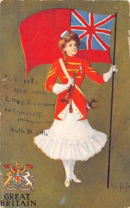 Great Britain pretty young lady holding horn and country flag antique pc Z21035