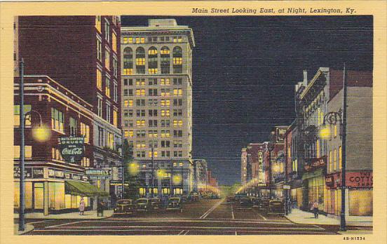 Kentucky Lexington Main Street Looking East At Night Coca Cola Sign Curteich