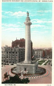 Vintage Postcard Washington Monument & Lafayette Statue Baltimore Maryland MD