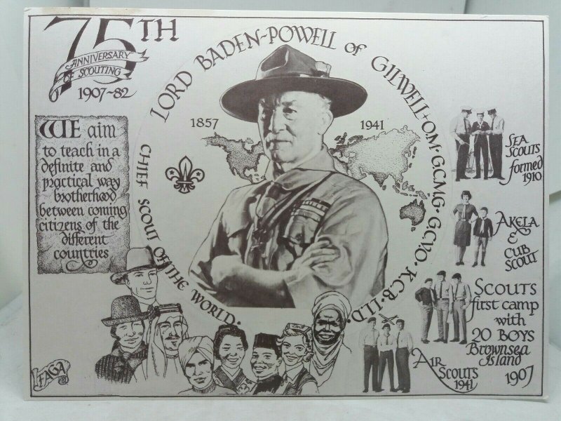 Vtg Postcard Lord Baden Powell 75 years  Scouting 1907-1982 Loughborough Scouts