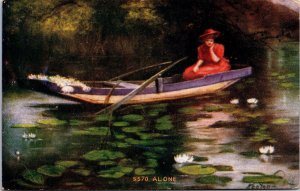 VINTAGE POSTCARD ALONE SINGLE WOMAN ON ROW BOAT BRADFORD MAINE 1910 [corner]