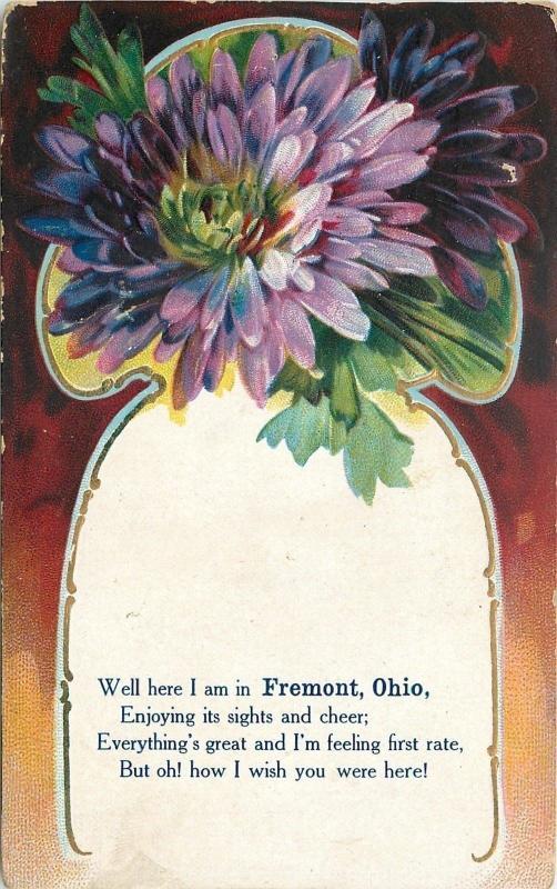 Wish You Were Here in Fremont Ohio~Art Nouveau Purple Flowers~1910 PC