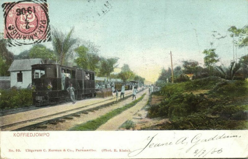 suriname, KOFFIEDJOMPO, Railway Station with Steam Train (1906) Stamp