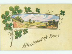 Unused Pre-Linen COUNTRYSIDE LANDSCAPE WITH LUCKY FOUR LEAF CLOVERS J2665