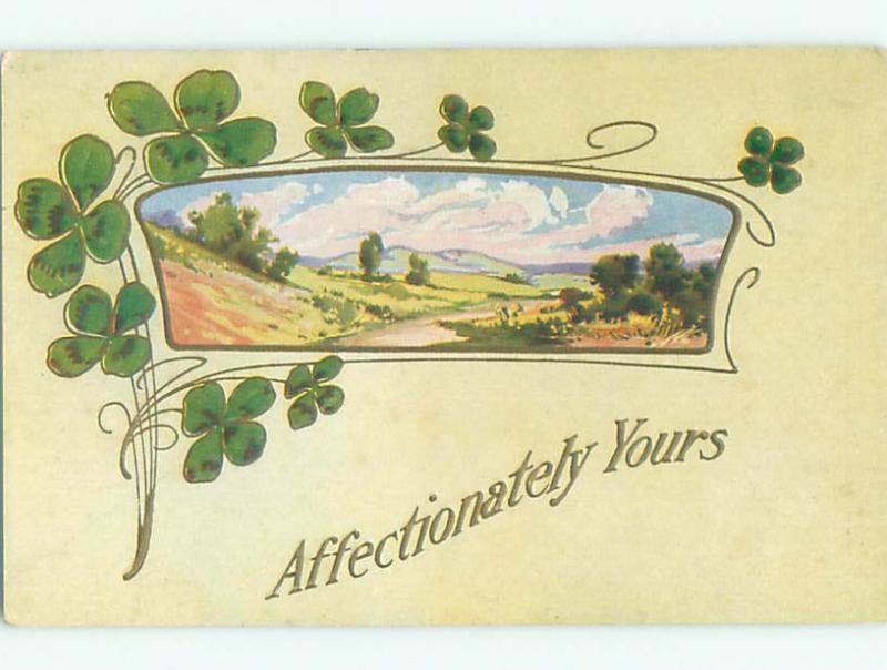 Unused Pre-Linen COUNTRYSIDE LANDSCAPE WITH LUCKY FOUR LEAF CLOVERS J2665