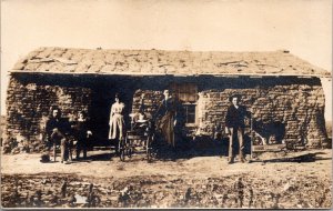 Real Photo Postcard Sod House Dog in Wagon Baby in Carriage 