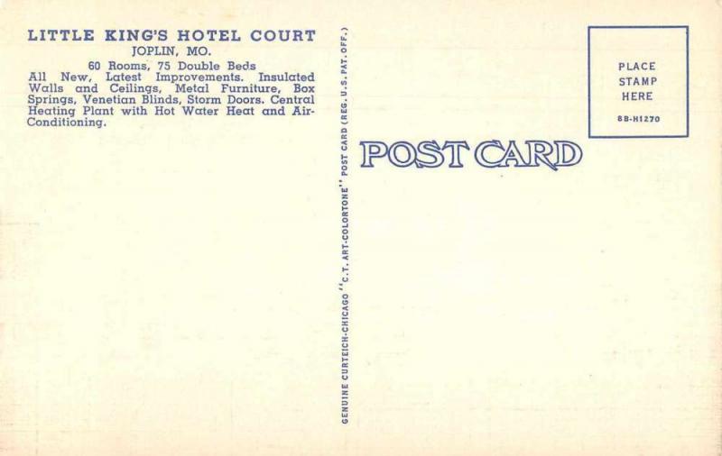 Joplin Missouri Little King's Hotel Court Route 66 Vintage Postcard JA4742675
