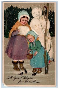 c1910's Christmas Mother And Daughter Handwarmer Birds Snowman Embossed Postcard