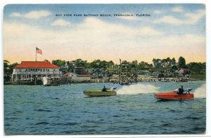 Speed Boats Bay View Park Beach Pensacola Florida 1950s postcard