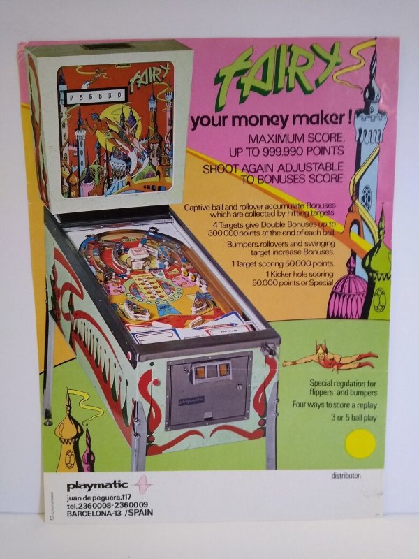 Fairy Pinball Flyer 1976 Rare Playmatic Spain Promo Fantasy Artwork 8.25 x 11.5