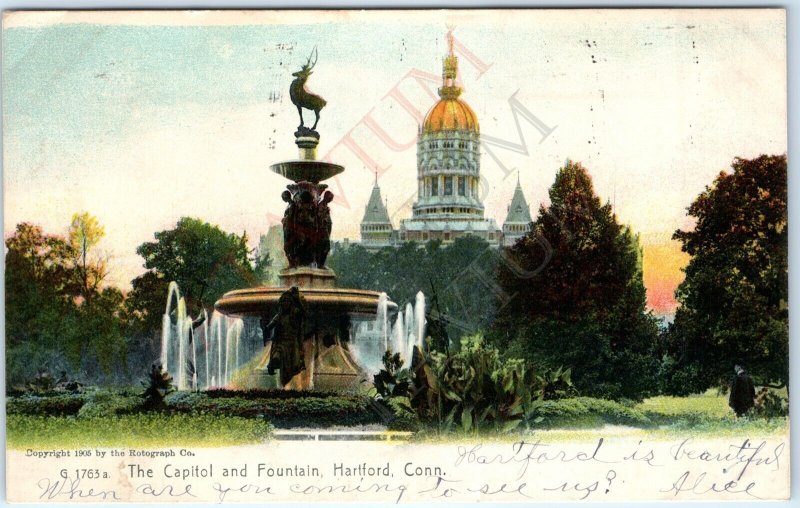 1905 Hartford, CT Capitol Fountain Indian Deer Colorful Sol Art Rotograph A166