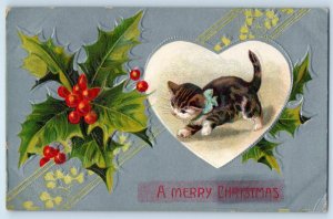 1911 Christmas Cat Kitten Heart Holly Berries Embossed Mayville ND Postcard