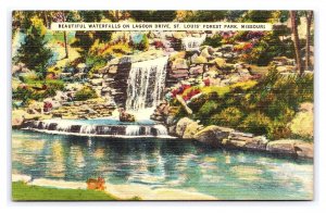 Beautiful Water Falls On Lagoon Drive Forest Park St. Louis MO c1956 Postcard