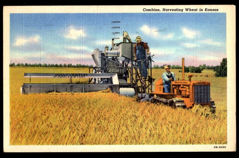 Kansas Combine Harvesting Wheat largest wheat producing state US pm1948 - Linen