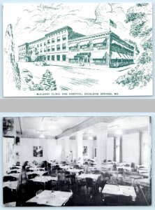 2 Postcards EXCELSIOR SPRINGS, MO ~ Dining Room McCLEARY CLINIC HOSPITAL c1950s