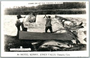 HOTEL KENNY JONES FALLS CANADA FISHING EXAGGERATED VINTAGE REAL PHOTO PC RPPC