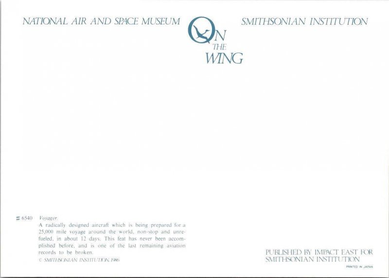 Aviation  VOYAGER~Radically Designed Aircraft  1986 4X6 Smithsonian Postcard