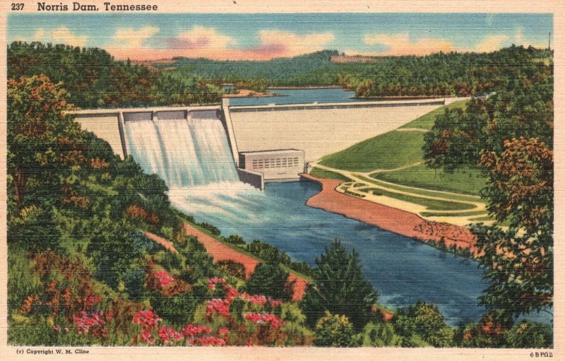 Vintage Postcard World Famous Norris Dam Flower Garden Waterway Tennessee TN